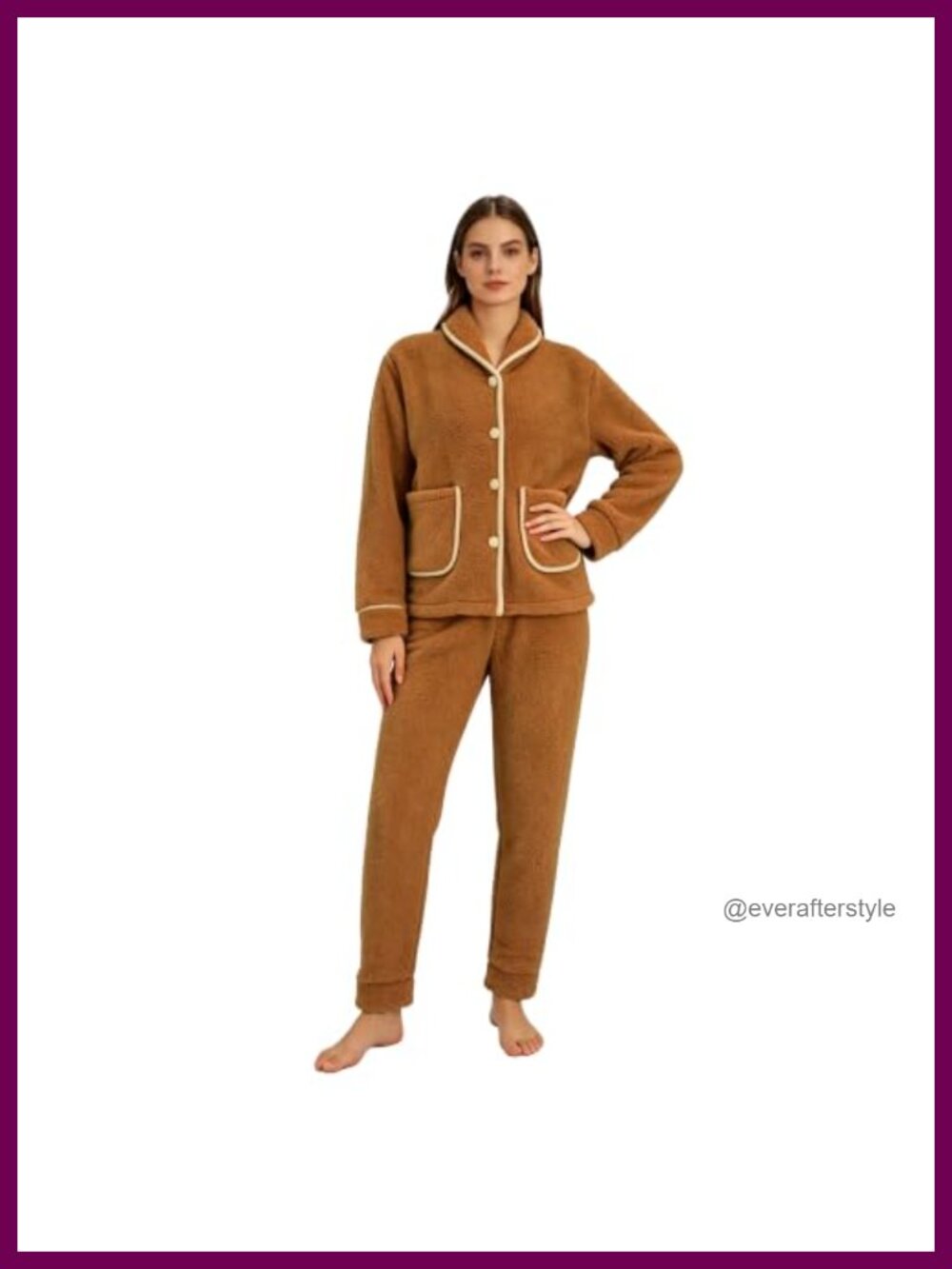 Fluffy Fleece Pajama Set Button Up Loungewear Sleepwear Pockets